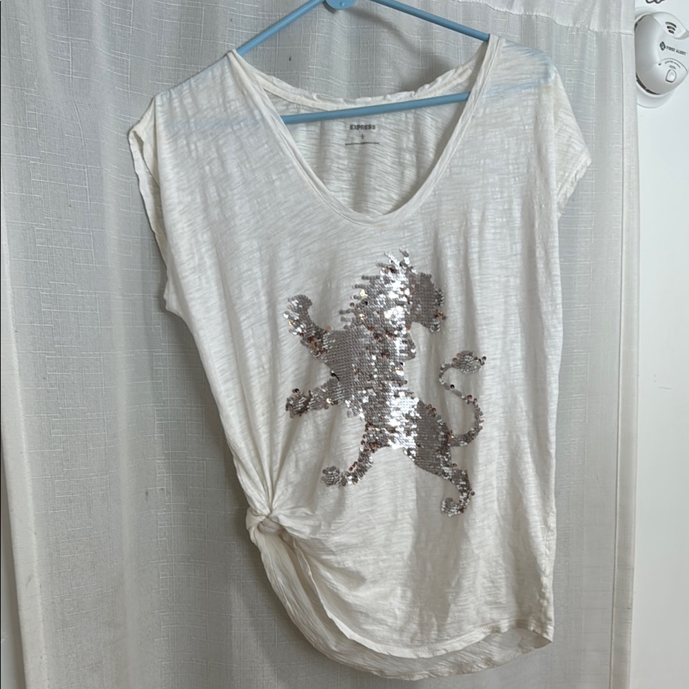 Express Gray Sequin Ruched Short Sleeve Tee